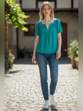 Talbots Sateen Split-Neck Tunic — Short Sleeve — Size 16 (XL) — Teal — NWT